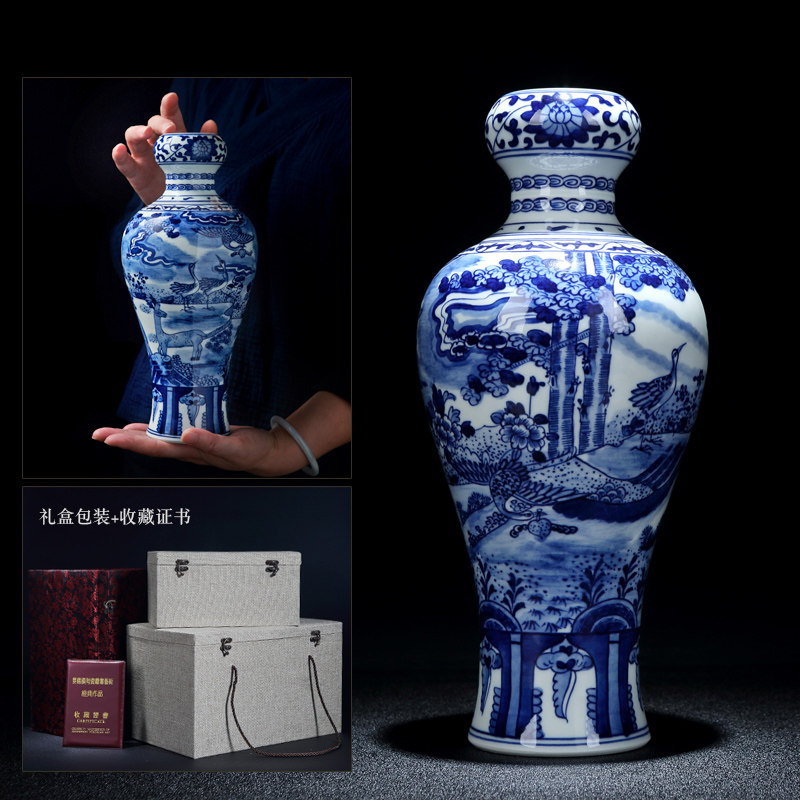 Jingdezhen Chinese-style green flower hand-painted ceramic vase swinging piece living room book room decoration antique plum bottle office porcelain bottle