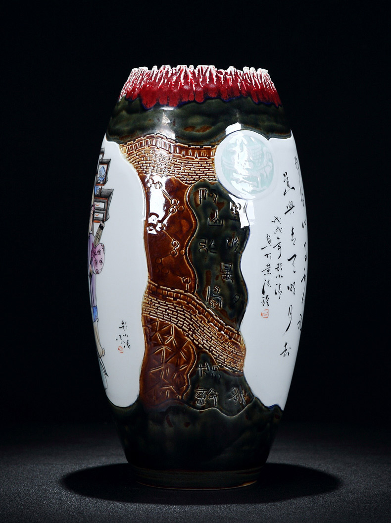 Jingdezhen powder enamel vase engraving up three smile marriage vase