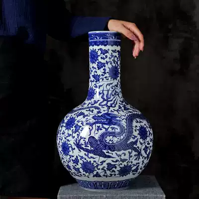 Jingdezhen vase ceramic decoration hand-painted blue and white dragon pattern antique Chinese living room Large Decoration vase