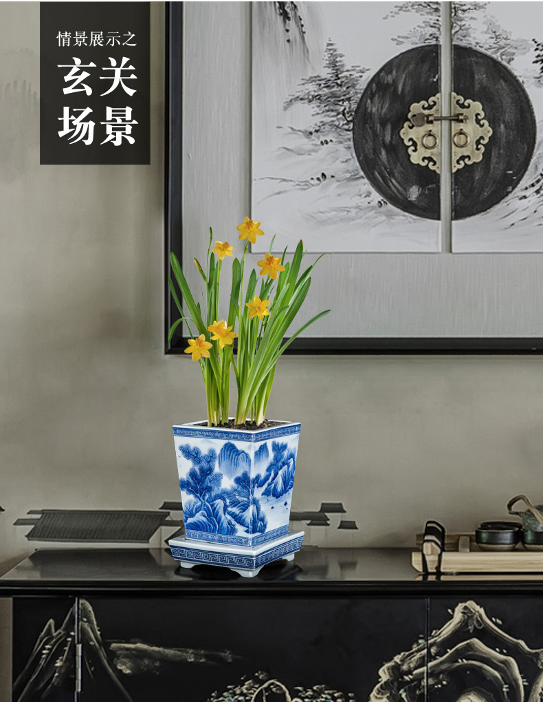Jingdezhen hand - made corners of blue and white porcelain pot with potted tray orchid Chinese style adornment the plants flower pot