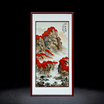 Jingdezhen hand-painted porcelain plate painting landscape solid wood frame living room study hanging painting sofa background porch decorative painting