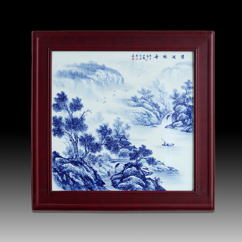 Jingdezhen porcelain plate painting Chinese blue and white solid is hand - made wooden frame, square landscape painting the sitting room is the study of single adornment