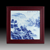 Jingdezhen porcelain plate painting Chinese hand-painted blue and white solid wood frame square landscape painting living room study single decorative painting