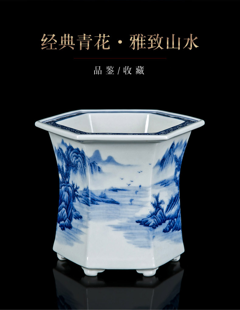 Jingdezhen blue and white porcelain hand - made six - party pot podocarpus potted orchid the plants flower huai household in the basin