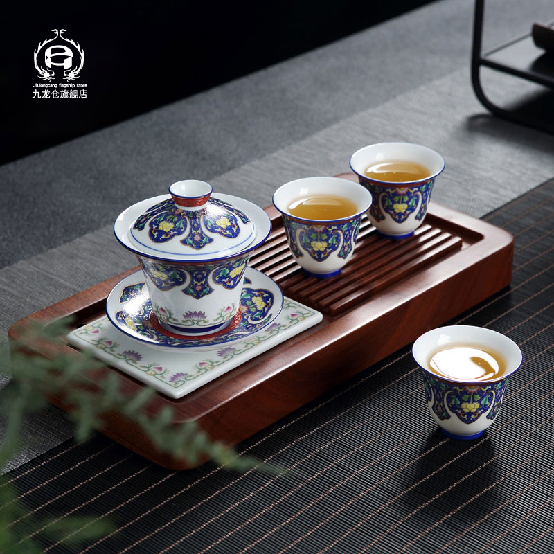 DH colored enamel of a complete set of ceramic tea set jingdezhen Chinese style household kung fu tea, contracted tea tray package