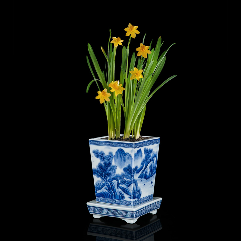 Jingdezhen hand - made corners of blue and white porcelain pot with potted tray orchid Chinese style adornment the plants flower pot