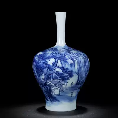 Jingdezhen blue and white hand-painted blue and white vase decoration living room study decoration Chinese antique wood-fired porcelain bottle