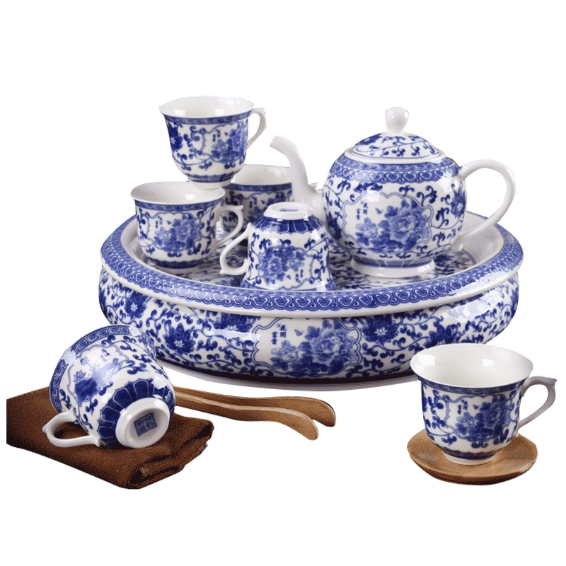 DH kung fu tea set suit household ceramic teapot teacup tea tray of blue and white porcelain tea of a complete set of jingdezhen tea service