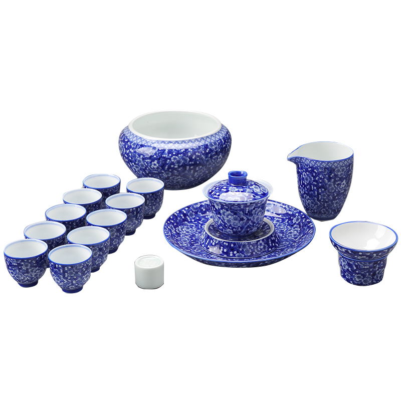 DH jingdezhen blue and white porcelain kung fu tea set suit household creative ceramic cups of a complete set of large - sized tureen