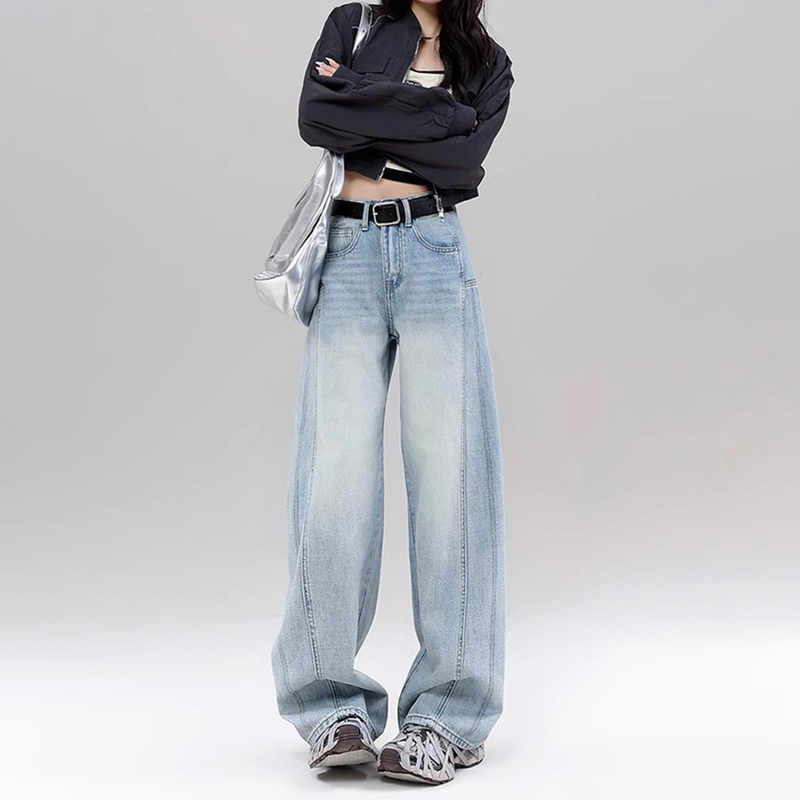 Miacvel Kors Light Blue Scimitar Wide-Leg Jeans for Women, American Retro Loose Slimming High-Waisted Sickle Pants