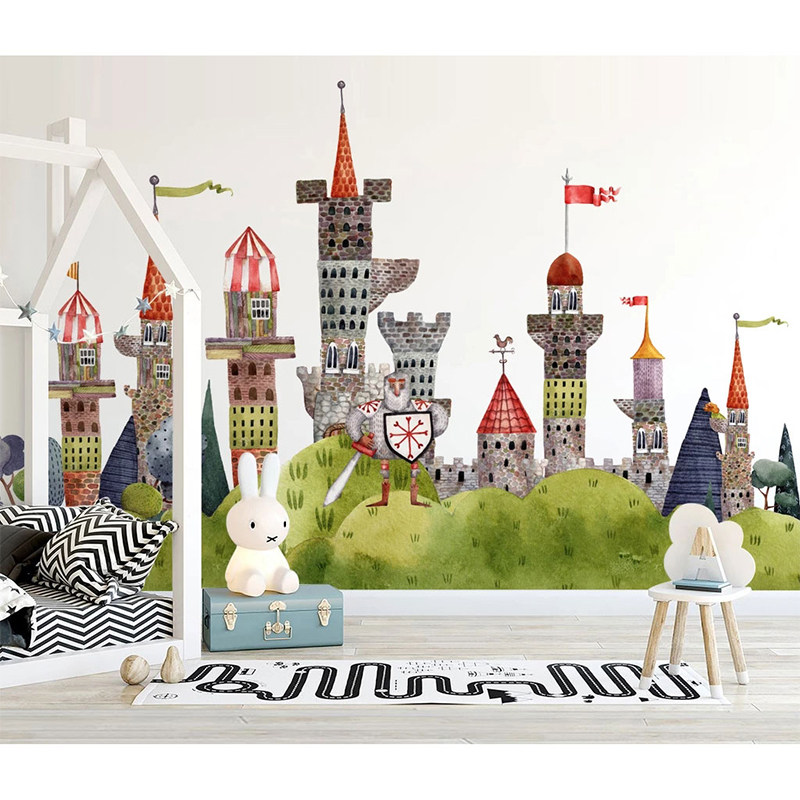 Nordic minimalist cartoon animal castle balloon children's room boy girl room background wall custom seamless mural