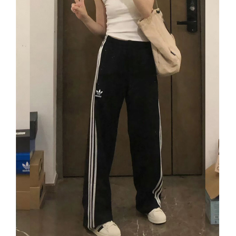 Jennie-Style Clover Fashion Brand Wide-Leg Pants Straight-Leg Pants for Women with Three Stripes, Petite Summer Ice-Feel Sports Pants Jennie-Style Clover Fashion Brand Wide-Leg Pants Straight-Leg Pants for Women with Three Stripes, Petite Summer Ice-Feel Sports Pants
