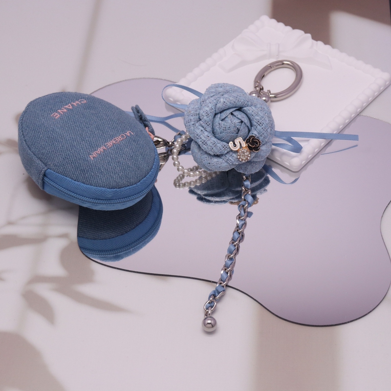 Denim Blue Small Fragrant Style Camellia Bag Pendant Metal Chain Keychain Ribbon Bow Decorative Accessory