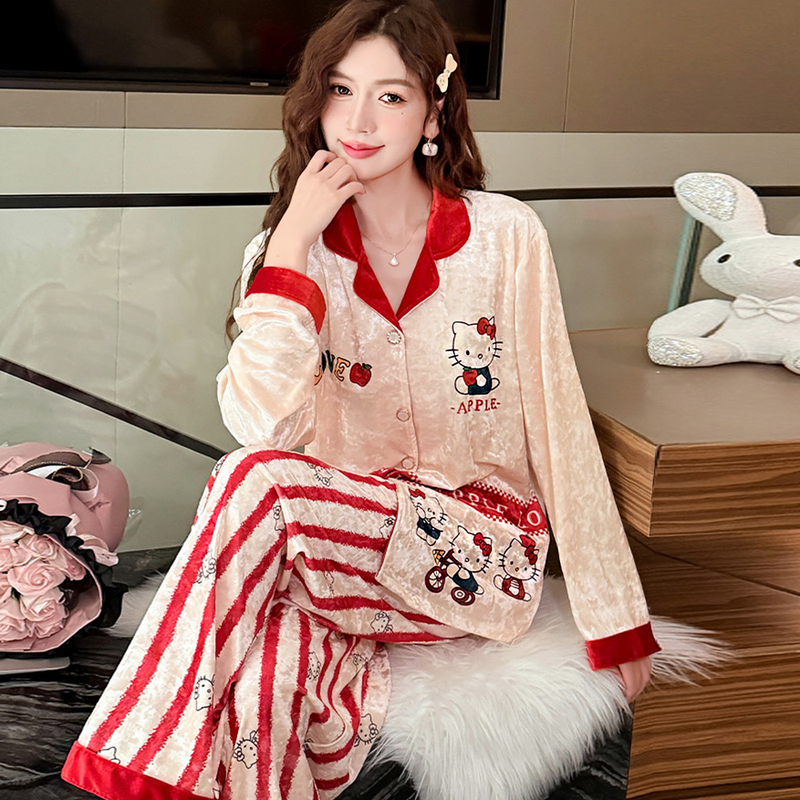 Kt Cat Lapel Velvet Pajamas with Chest Pads for Women, Autumn and Winter 2026 New Diamond Velvet Loungewear That Can Be Worn Outside