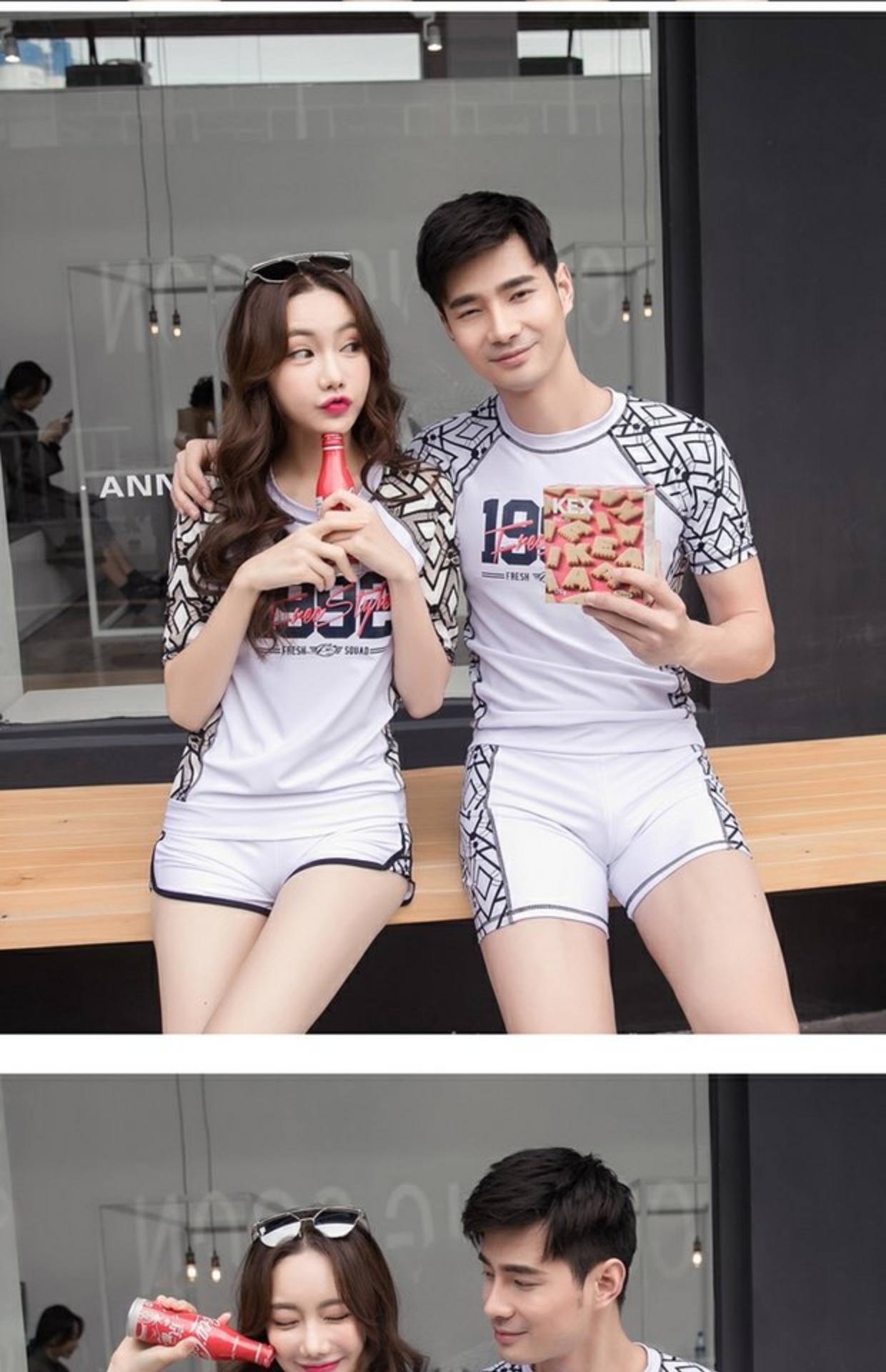 Đồ bơi tách thể thao, người mẫu nam và nữ, đồ bơi ngắn tay bảo thủ, áo hai dây, đồ bơi boxer - Vài đồ bơi đồ đi biển cho cặp đôi