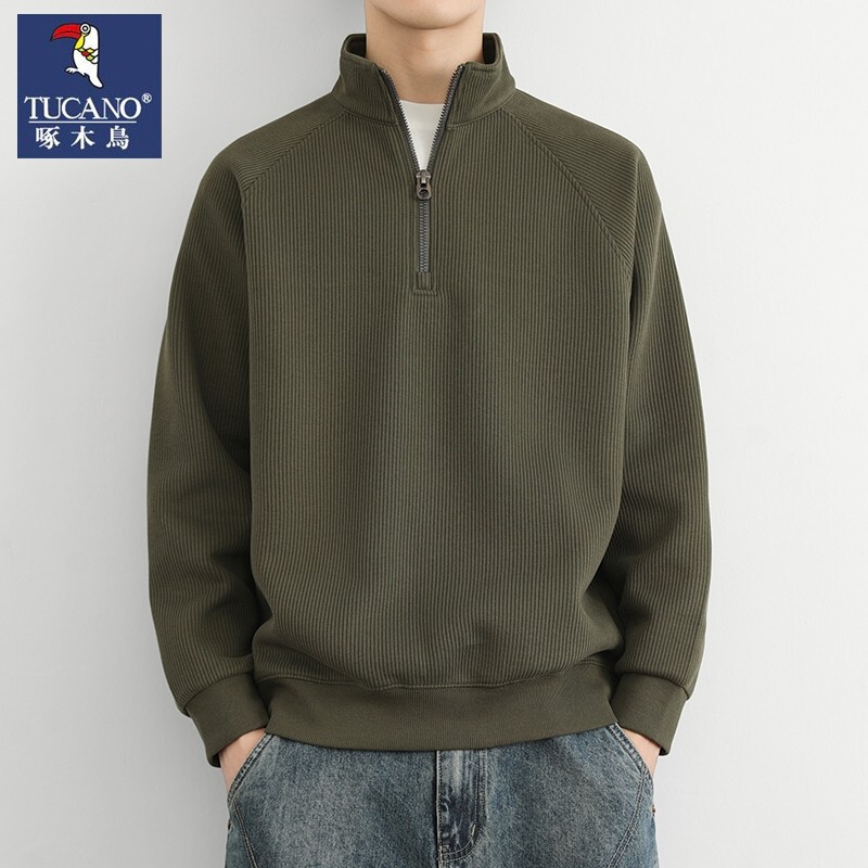 Woodpecker Half-Zip Stand Collar Fleece Sweatshirt for Men, Spring and Autumn American-Style Knitwear, Men's Solid Color Versatile Casual Wear Woodpecker Half-Zip Stand Collar Fleece Sweatshirt for Men, Spring and Autumn American-Style Knitwear, Men's Solid Color Versatile Casual Wear