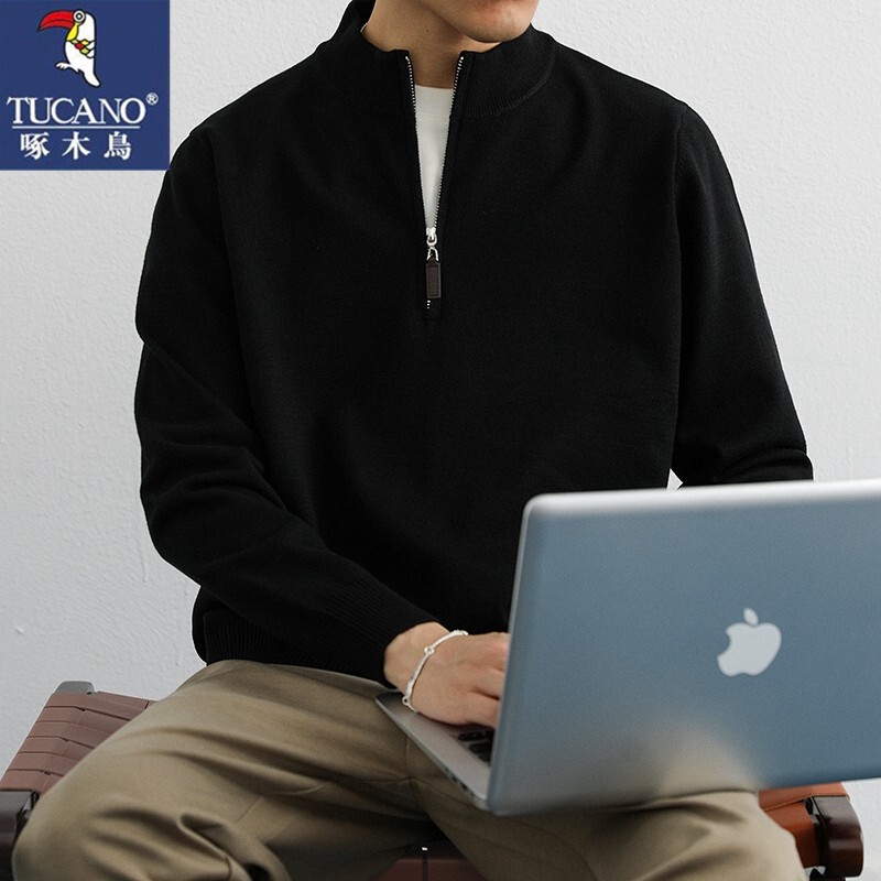 Woodpecker Men's Long-Sleeve High-Quality Sweater with Half-Zip Casual Pullover Knitwear with Stand Collar
