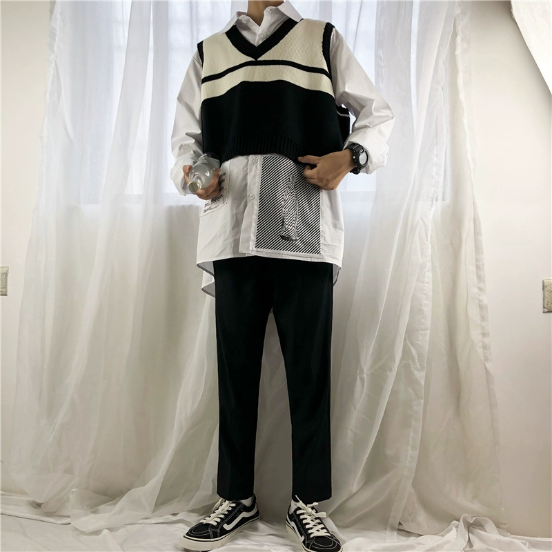 Châu âu và Hoa Kỳ hiển thị mô hình Hàn Quốc bf gió cao đẳng V-Cổ lỏng màu phù hợp với áo thun áo len ngắn vest vest nam giới và phụ nữ áo len cho nam