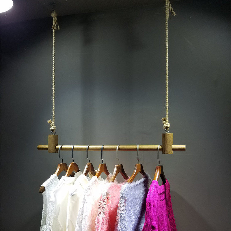 Clothing Store Rings Hanger Hanger Upper Wall Clothing Rack Suspended Suspended Ceiling Display Shelf Son Hemp Rope Wood Stick Retro Show Shelf