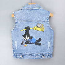 2022 Spring and autumn cotton denim waistcoat spring autumn girl boy turned collar shoulder waistcoat childrens waistcoat vest pediatrics outwear