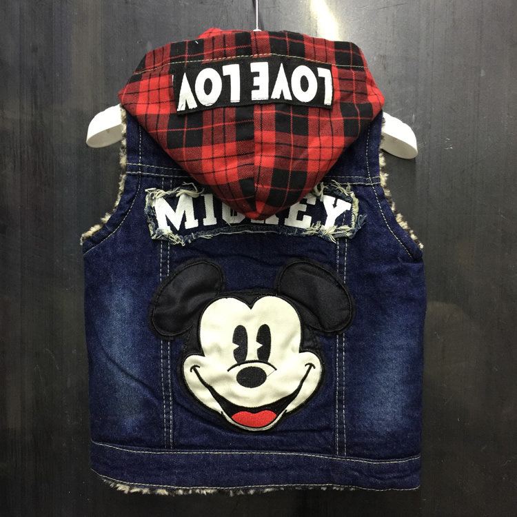 Children's vest outerwear boy wearing hat denim autumn and winter plus fleece vest children's clothing vest shoulder foreign style baby