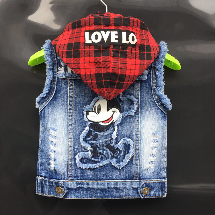 Children's denim waistcoat new autumn winter hooded sleeveless vest hole horse clip jacket Mickey baby denim vest