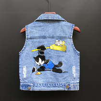 Childrens vest boy pure cotton waistcoat 2022 spring kan shoulder new child clothing spring and autumn female baby thin denim waistcoat