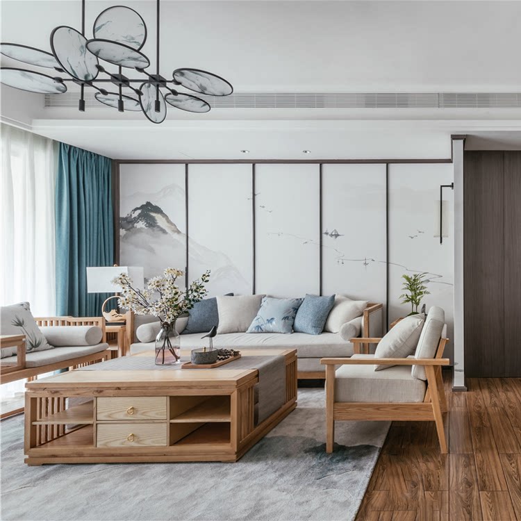 New Chinese Solid Wood Sofa Composition Modern Living Room Original Wood Color Minimalist Clubhouse Zen Willi Villa Light Lavish Tea Room Furniture