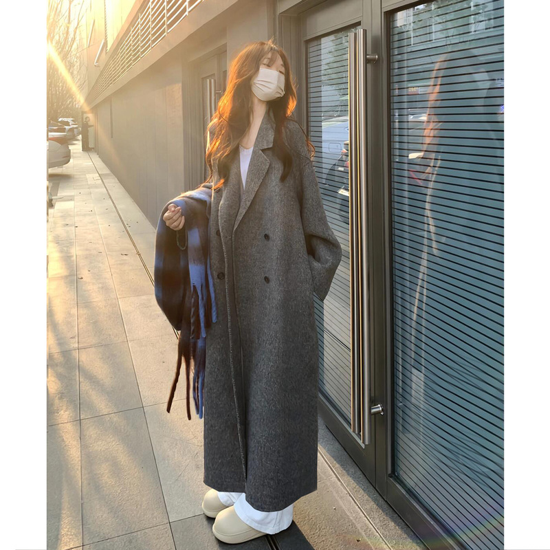 Tall Women's Double-Sided Wool Coat Hepburn Style Autumn and Winter Thickened Extra-Long Ankle-Length Woolen Coat