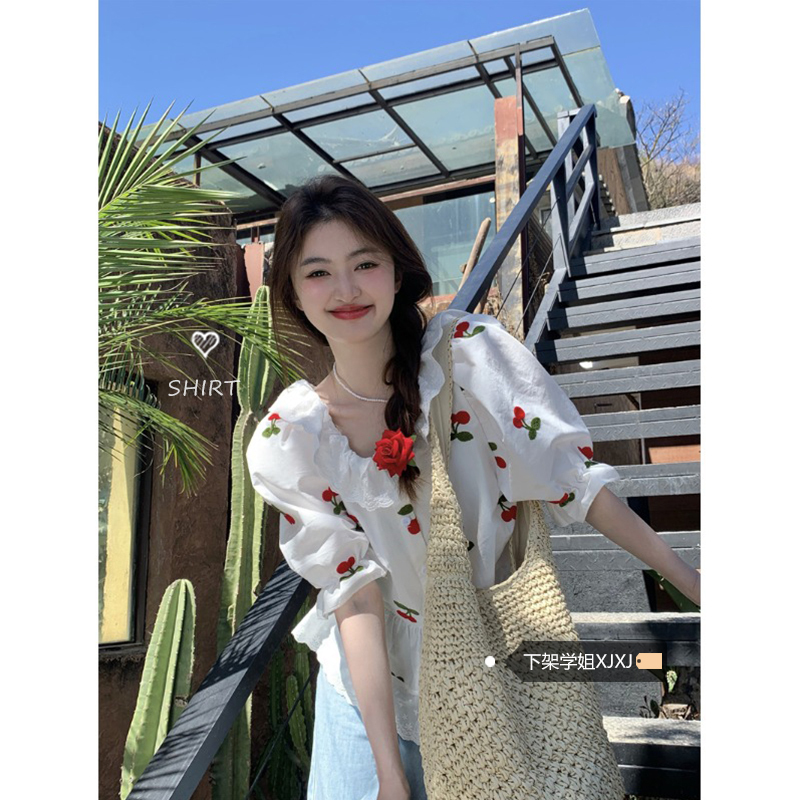 Sweet Heavy Embroidery Cherry Doll Shirt for Women, Summer 2026 New Style, Ruffled Square Neck Tie Loose Top