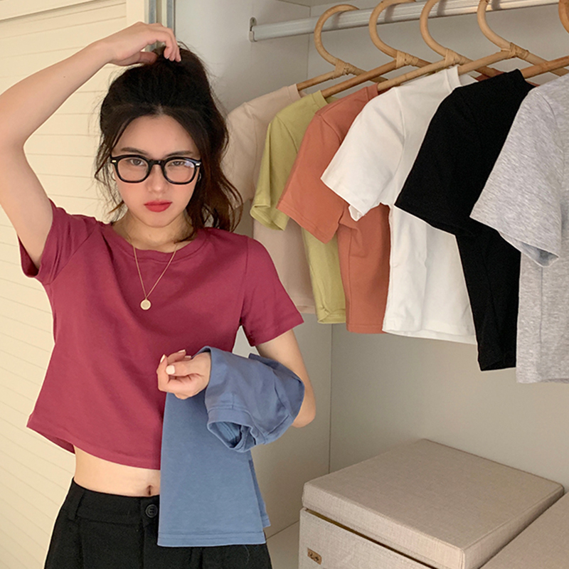 2022 new summer net red basic short navel jacket Korean tight short sleeve solid color T-shirt women ins tide
