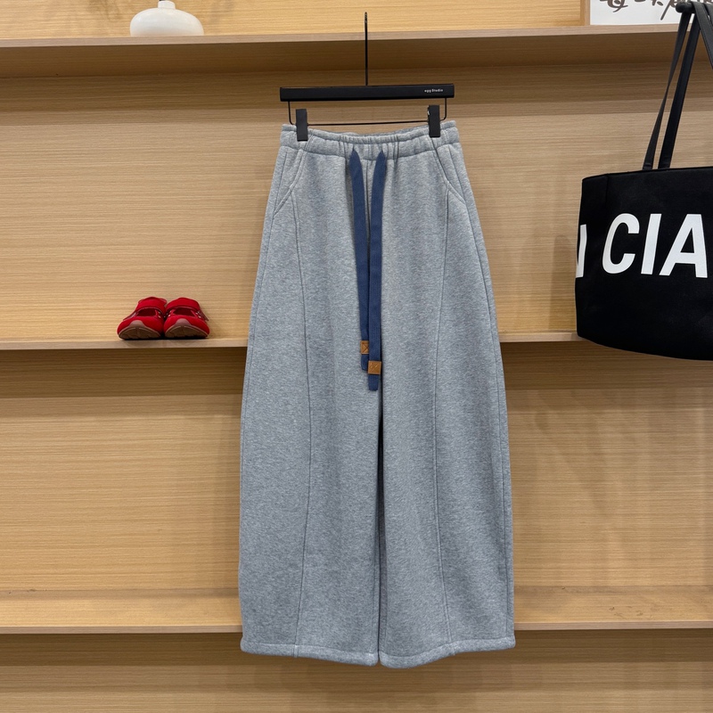 High-End European Goods 2026 Winter New Fashion Elastic Waist Drawstring Casual Fleece-Lined Curved Pants Women's Straight Wide-Leg Pants