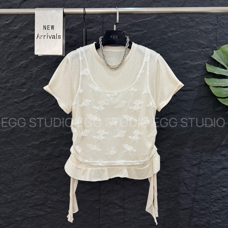 High-End European Goods 2026 Summer New Lace Crochet Hollow-Out Vest Fake Two-Piece Waist-Cinching Slimming Short-Sleeve T-Shirt for Women