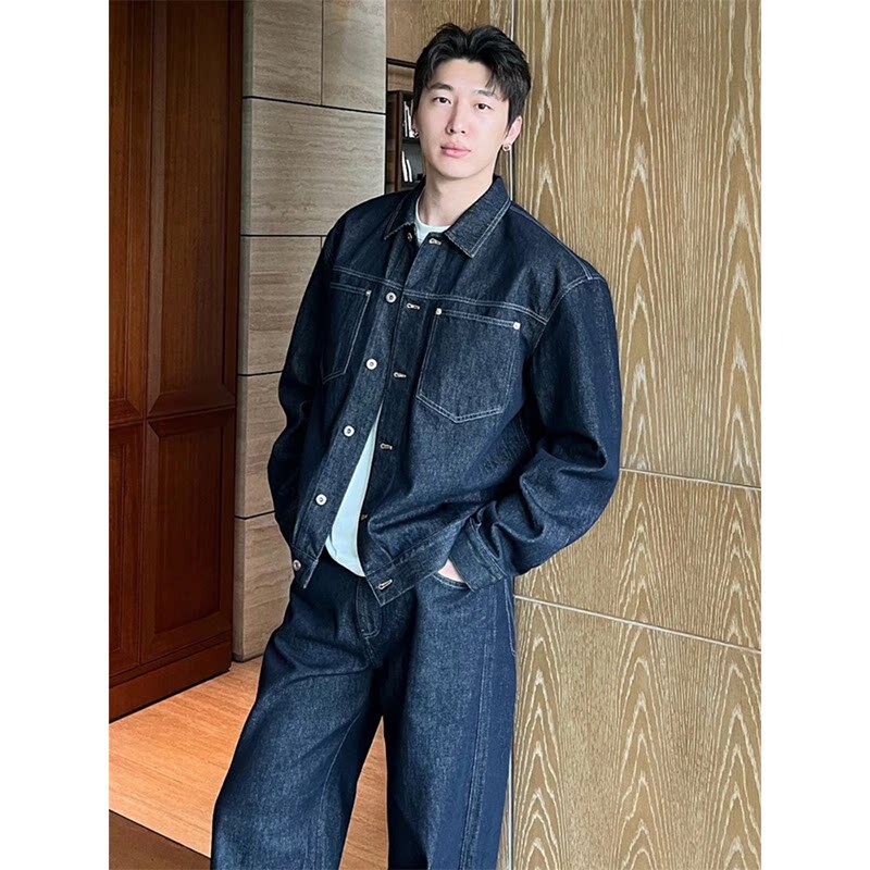 American-Style Simple Korean-Style Denim Suit for Men, Long-Sleeved Jacket, Casual Trendy Niche Versatile Two-Piece Set