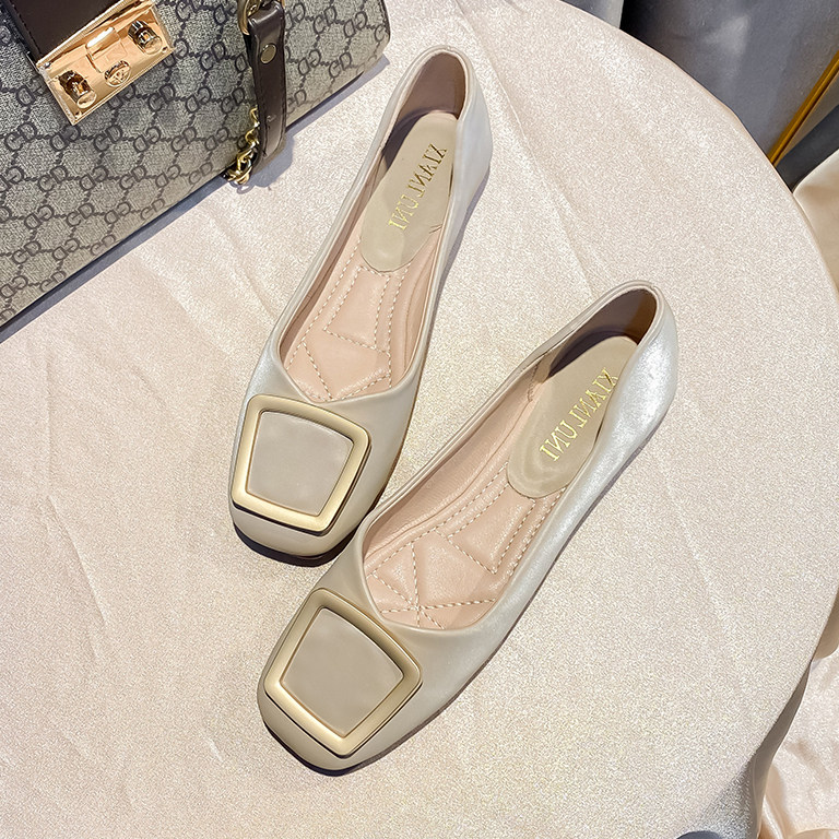 Tide Card Square Head Single Shoe Woman Flat Bottom 2023 Summer New 100 Hitch Buckle Shallow Mouth Genuine Leather Soft Bottom Late Evening Wind Ladyshoe-Taobao