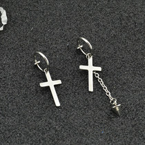 New asymmetric cross chain earrings street hip-hop tide men titanium steel earrings long chain earrings without ear hole clip