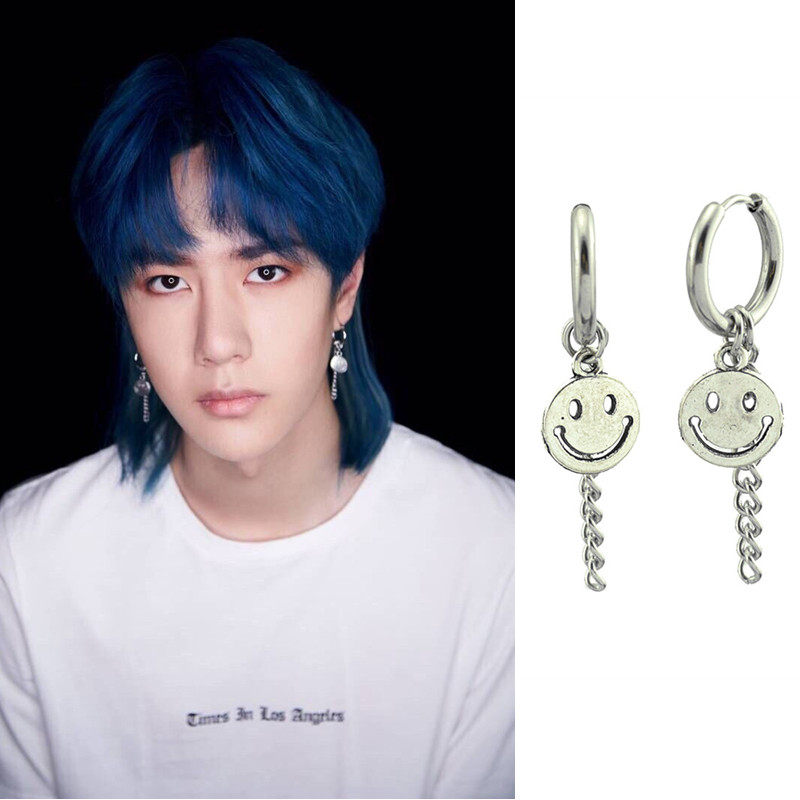 Wild net red king Yibo with earrings Smiley face long chain titanium steel earrings without ear piercings ear clip ear ring jewelry for men and women