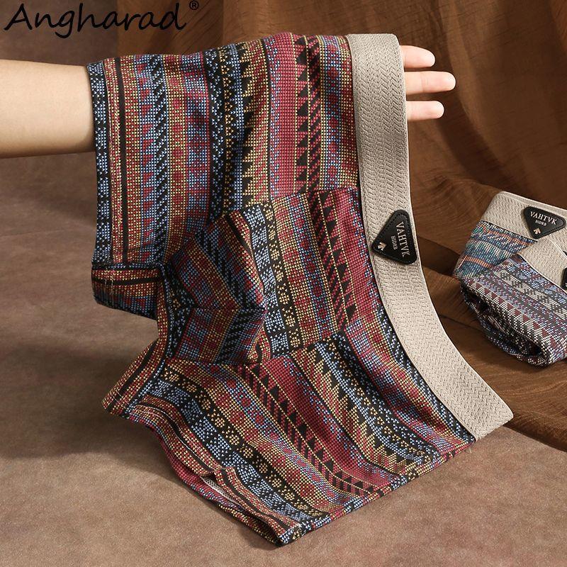 [Three-Pack] Men's Underwear, Pure Cotton, Vintage Ethnic Style, Comfortable and Breathable Boxer Briefs, Mid-Waist, Youth Trendy Style