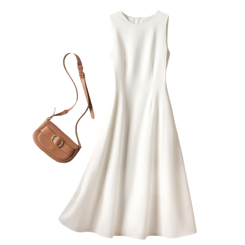 Qxzl French-Style Sleeveless Vest Dress 2026 Spring/Summer A-Line Skirt with Large Hem, Mid-Length White Round-Neck Waist-Cinching Dress for Women