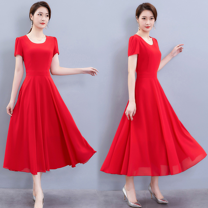 Red Chiffon Long Dress Spring and Autumn Women's Clothing 2025 New Spring and Summer Popular High-Waisted Long-Sleeved Dress