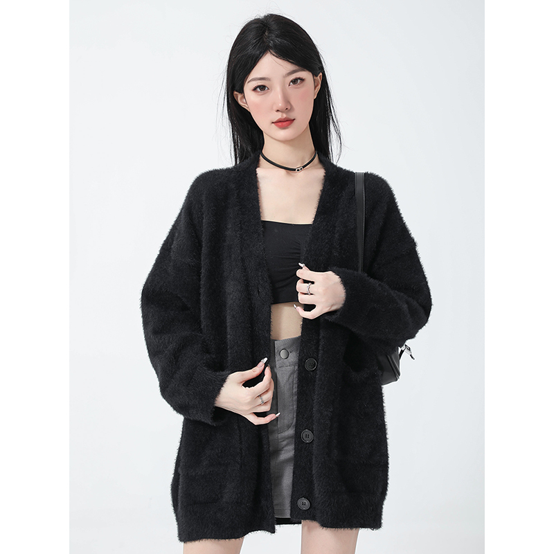Huxuge Black Mohair Knitted Cardigan Sweater for Women, Autumn and Winter Faux Mink Fur, Lazy Mid-Length Thickened Coat