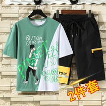 13 Junior High School High School students short sleeve T-shirt tat child stitching summer cotton shorts set 15-year-old sports tide 16