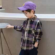 Boy Plaid Shirt Plus Suede Long Sleeve Autumn Winter Clothing 2023 New CUHK Child Han version handsome Qi Tide Lining Coat