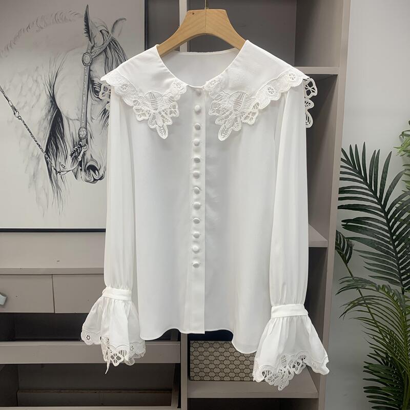French-Style Playfulness and Elegance! 100% Mulberry Silk French Doll Collar Lace Embroidered Bell Sleeve Blouse