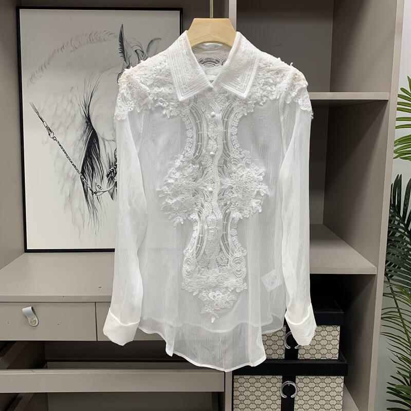 Elegant and Fairy-Like Mid-Length Embroidered Lace Trim Lapel Slightly Sheer Long-Sleeved Silk Shirt Top for Women