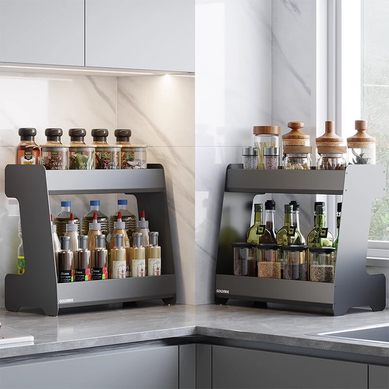 Kitchen Condiment Storage Rack, Household Countertop Double-Layer Spice Rack, Space Aluminum Multi-Functional Oil, Salt, Sauce, and Vinegar Storage Rack