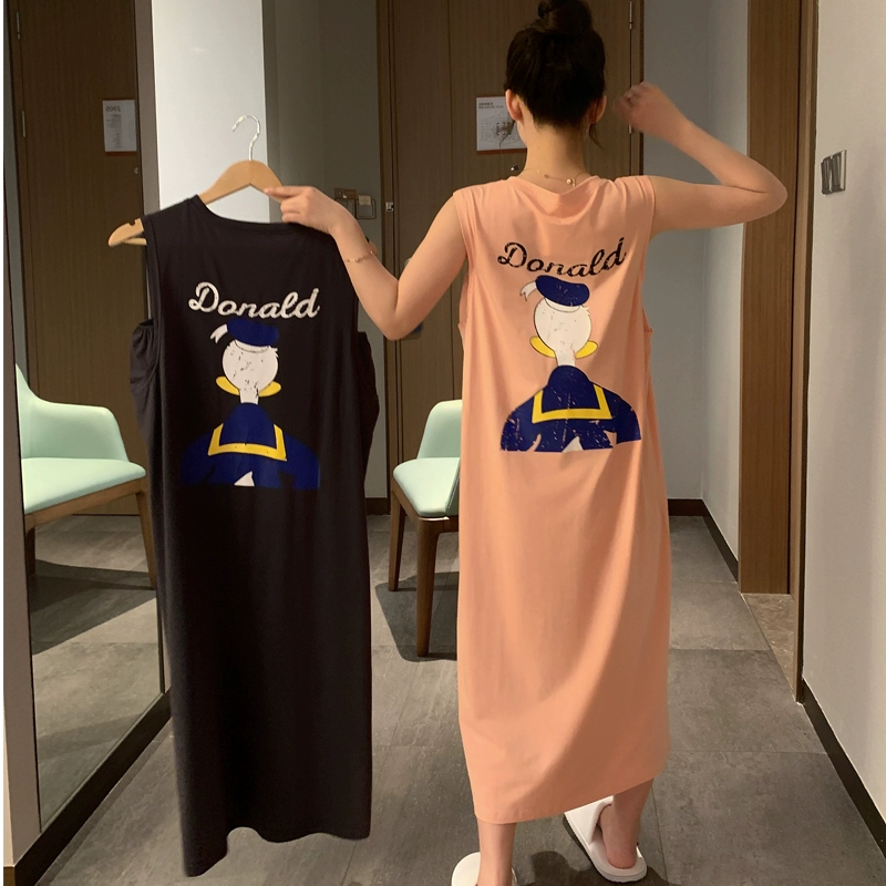 Váy ngủ phụ nữ mùa hè cotton vest váy sinh viên mùa hè lỏng lẻo mỏng không tay đồ ngủ cotton dịch vụ tại nhà - Đêm đầm