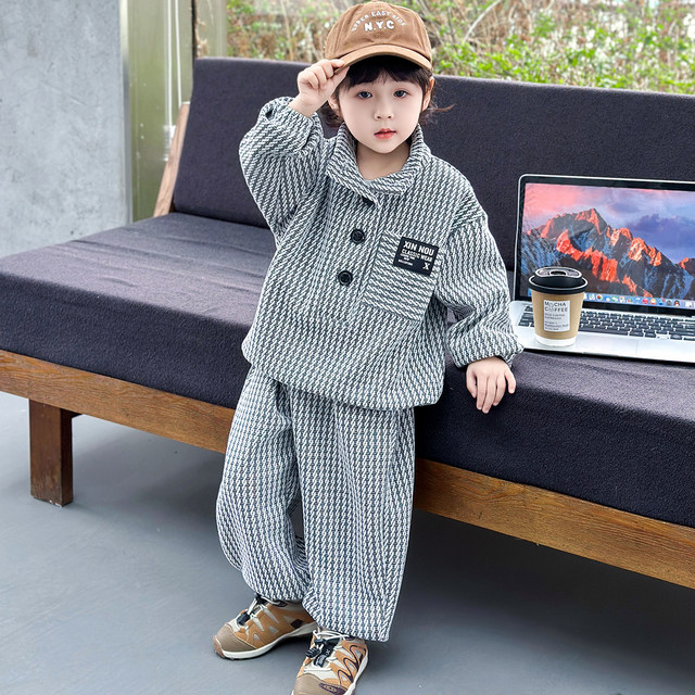 Boys' Houndstooth Suit Spring Outfit 2026 New Korean Style Cool Children's Clothing for Boys Spring and Autumn Two-Piece Trendy Set