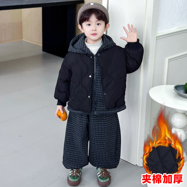 Boys' Cotton-Padded Winter Clothing, Thickened 2026 New Style, Korean Version, Stylish Children's Quilted Faux Two-Piece Cotton Jacket Set