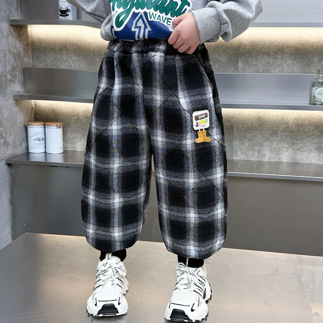 Boys' Plaid Long Pants Spring Outfit Children's Casual Jogger Pants 2026 New Cartoon Baby Lantern Pants Stylish Trousers